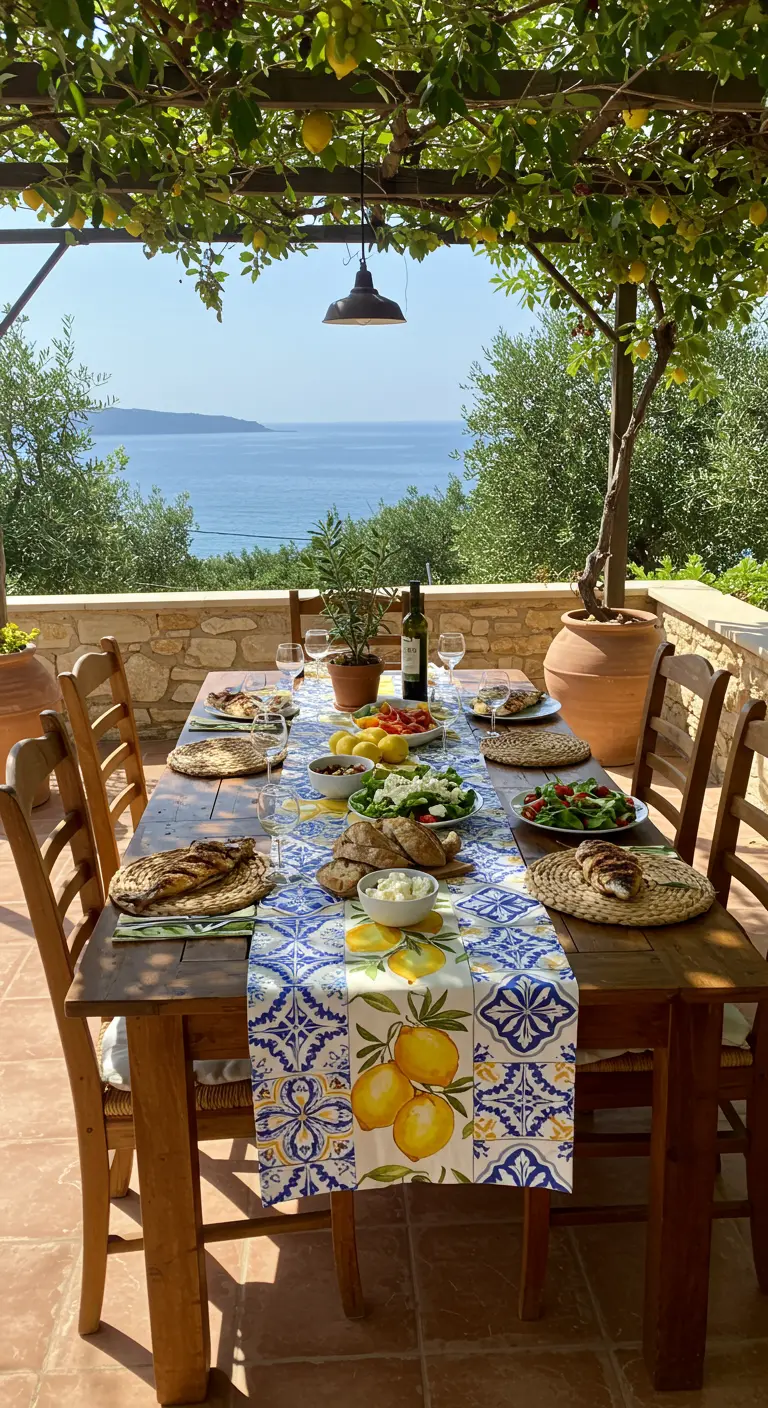 Chemin de table à motifs de carreaux méditerranéens et citrons, sur terrasse vue mer.