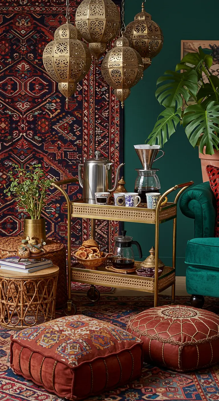 Chariot de bar en laiton avec cafetière, tasses, entouré de tapis et coussins bohémiens.