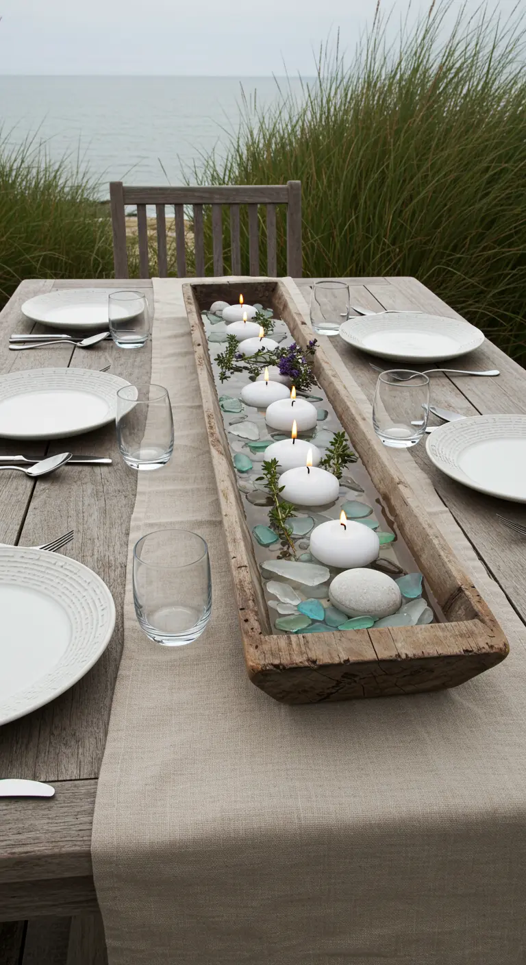 Table rustique en bois près de la mer, auge avec verre de mer, galets, bougies flottantes.