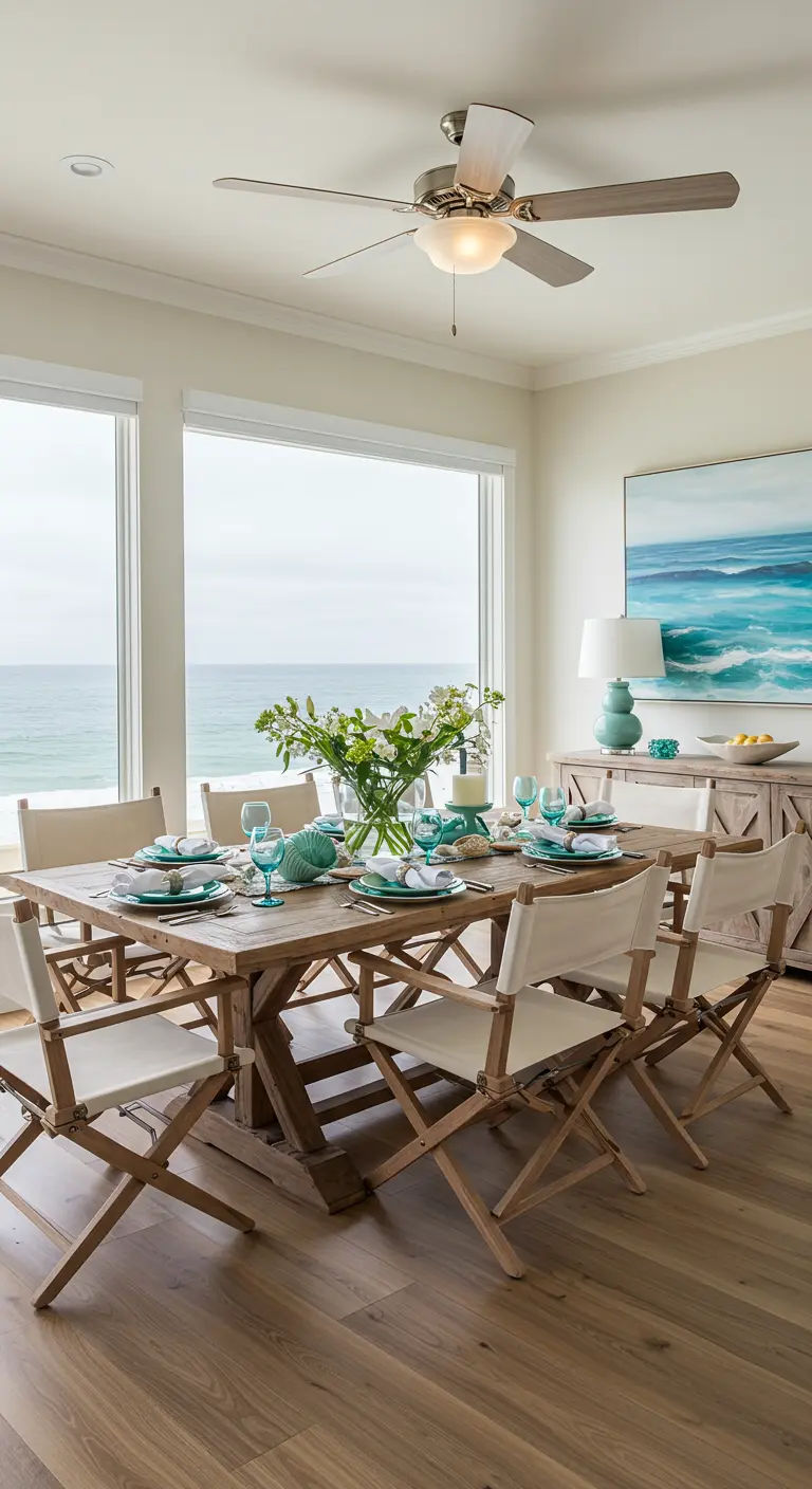 Salle à manger côtière avec table en bois, vaisselle turquoise et bouquet de fleurs blanches.