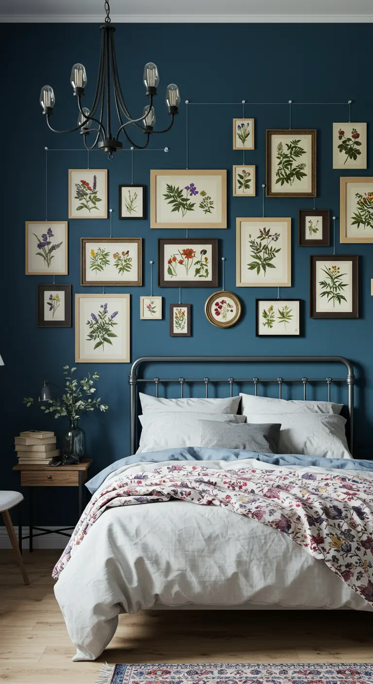 Mur bleu foncé avec de nombreux cadres suspendus de gravures botaniques au-dessus d'un lit en métal.