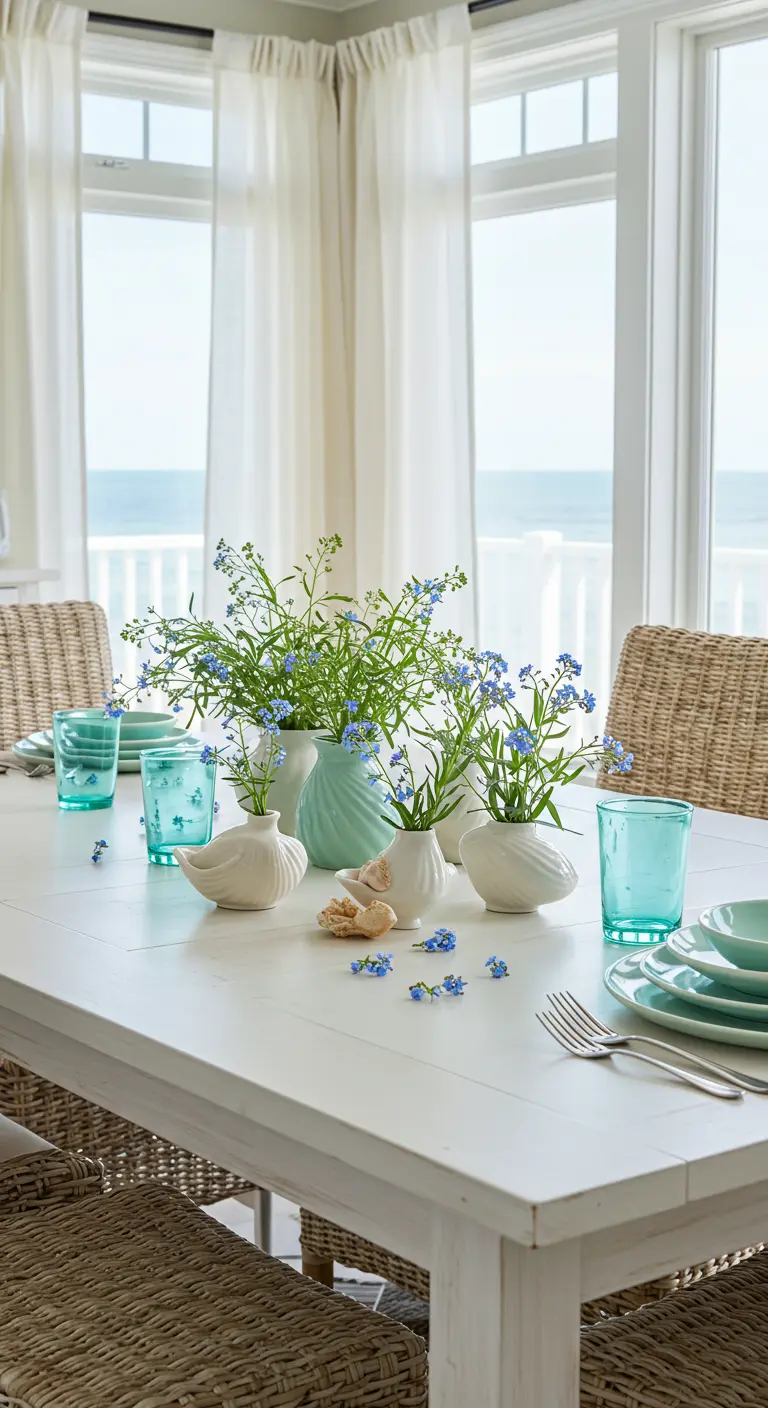 Table de plage avec myosotis bleus, vases en forme de coquillages et verres turquoise.