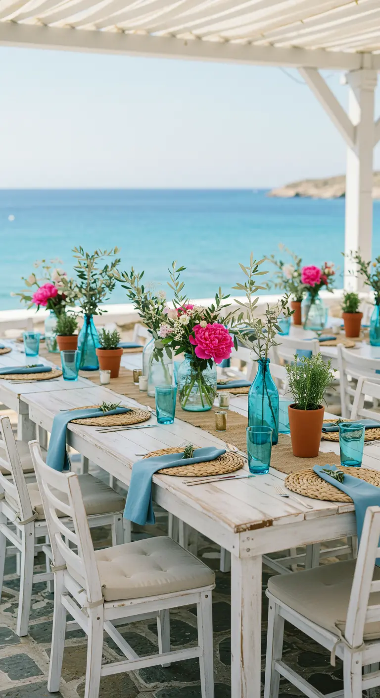 Table de mariage en bois blanchi sur la plage, pivoines fuchsia, branches d'olivier, vases bleus.