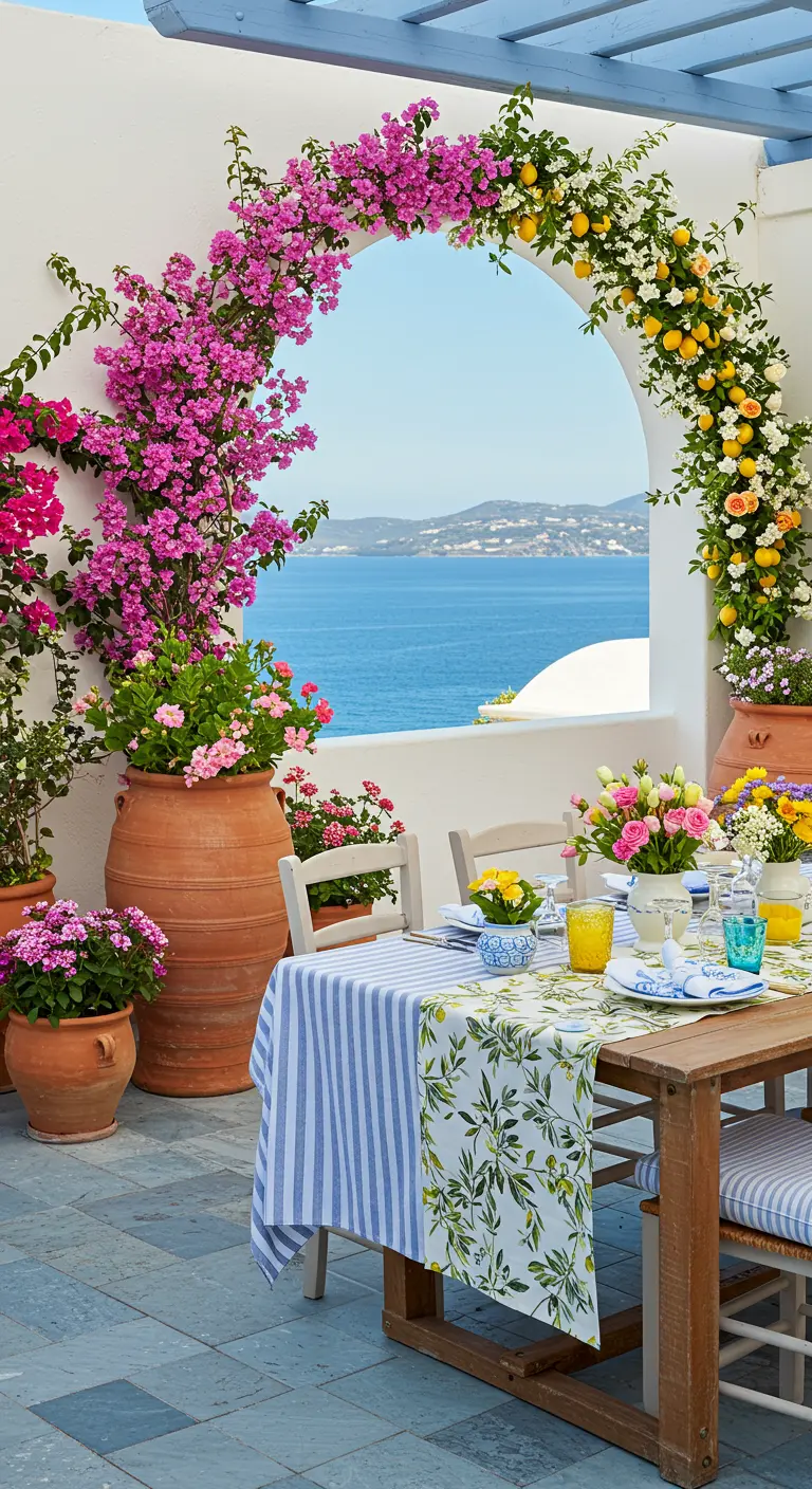 Terrasse méditerranéenne avec vue sur mer, bougainvilliers, citronniers et une table rayée et fleurie.