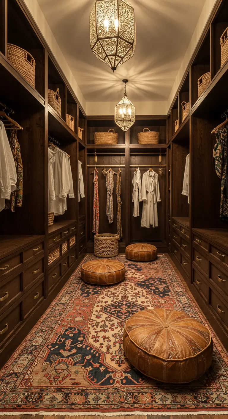 Dressing marocain en bois sombre, lanternes ciselées, tapis berbère, poufs en cuir.