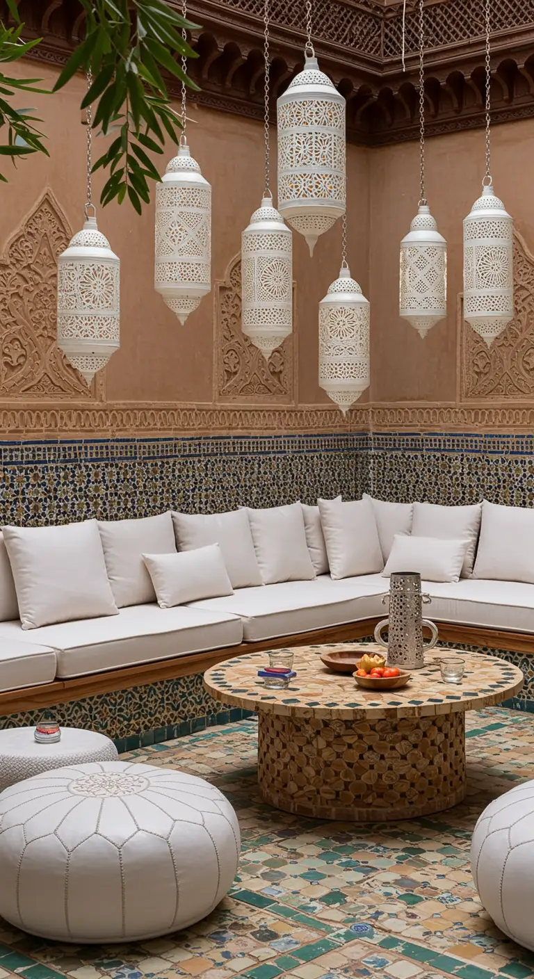 Patio de style marocain avec banquettes blanches, table basse sculptée et lanternes blanches suspendues.