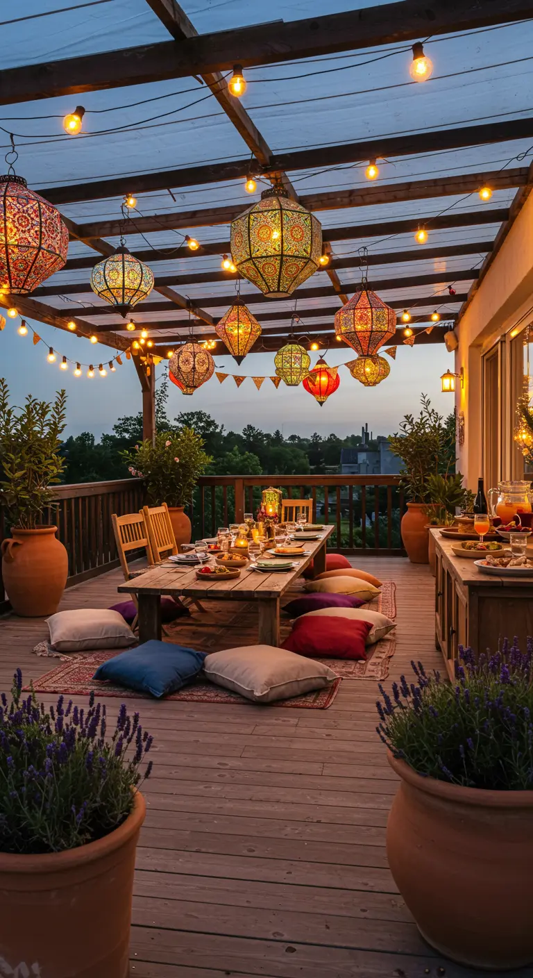 Terrasse sur le toit avec des lanternes colorées, des coussins au sol et une table basse en bois.