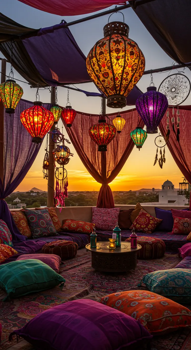 Rooftop oriental avec lanternes colorées, tissus drapés, coussins et poufs, vue sur coucher de soleil.