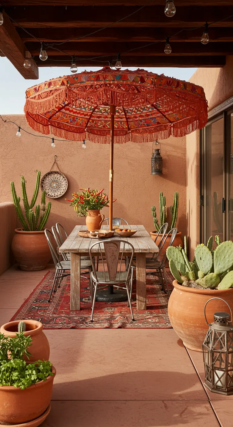 Terrasse style sud-ouest avec parasol orange, poteries en terre cuite et grands cactus.