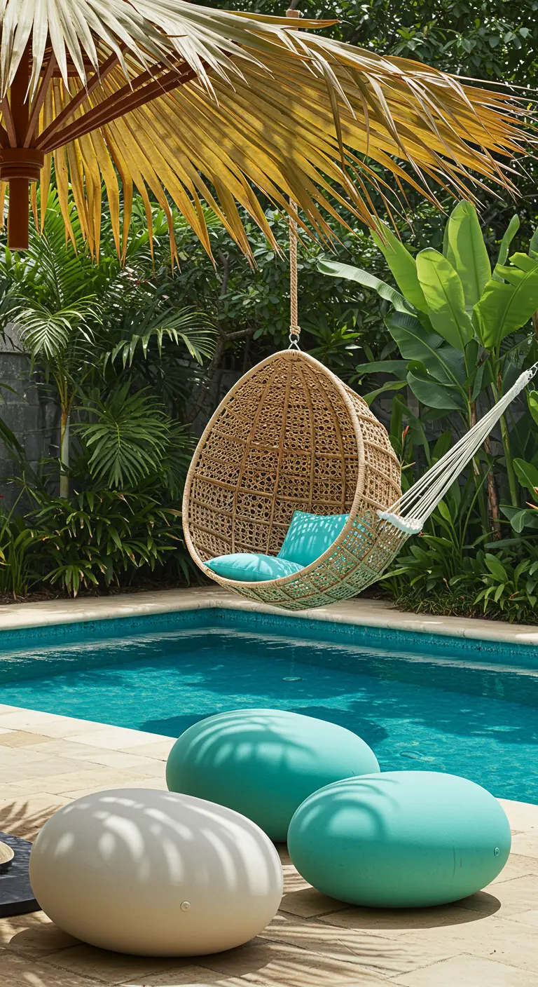 Fauteuil suspendu, hamac et poufs turquoise au bord d'une piscine.