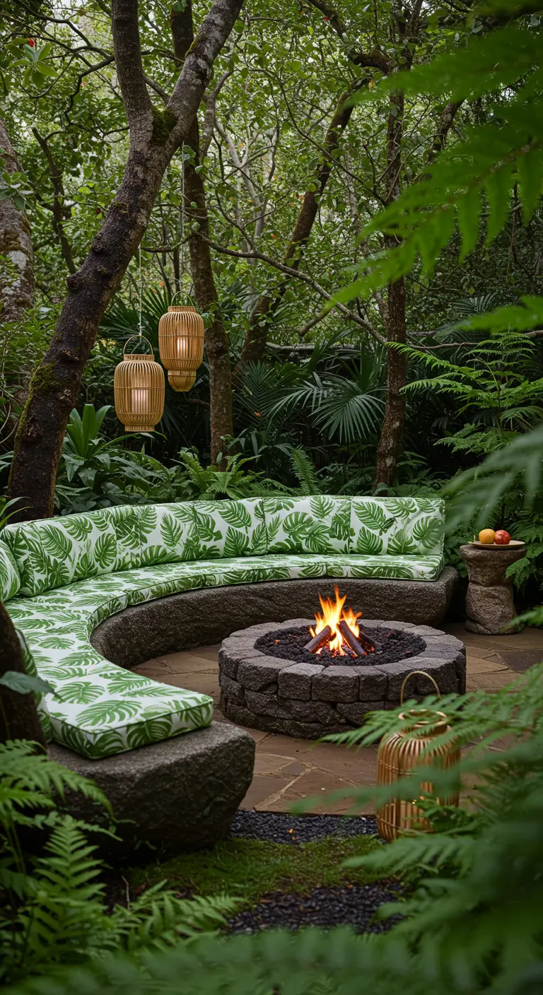 Coin feu tropical dans un jardin luxuriant avec banquettes en pierre, coussins à motif feuille, lanternes.