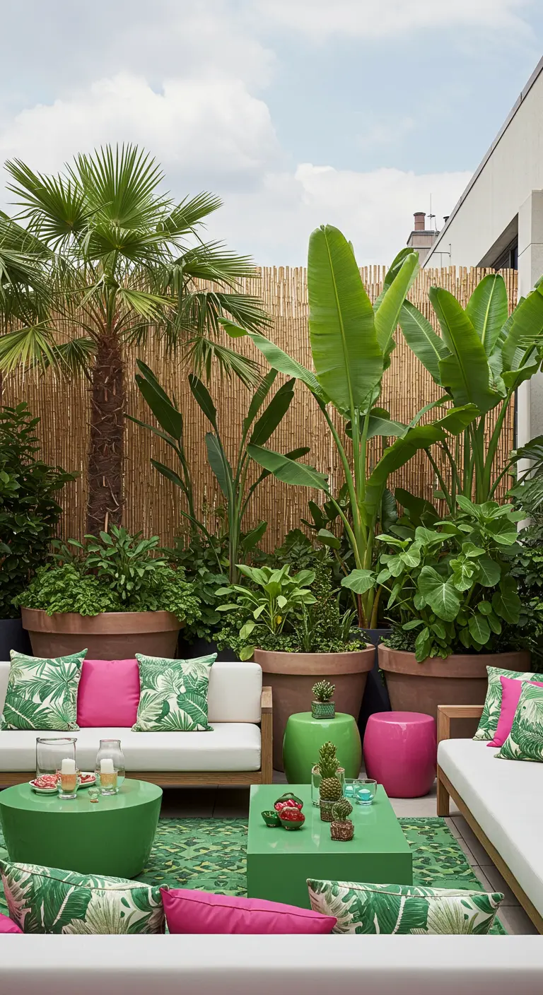Terrasse tropicale avec palmiers, bananiers, mobilier blanc et coussins verts et roses vifs.