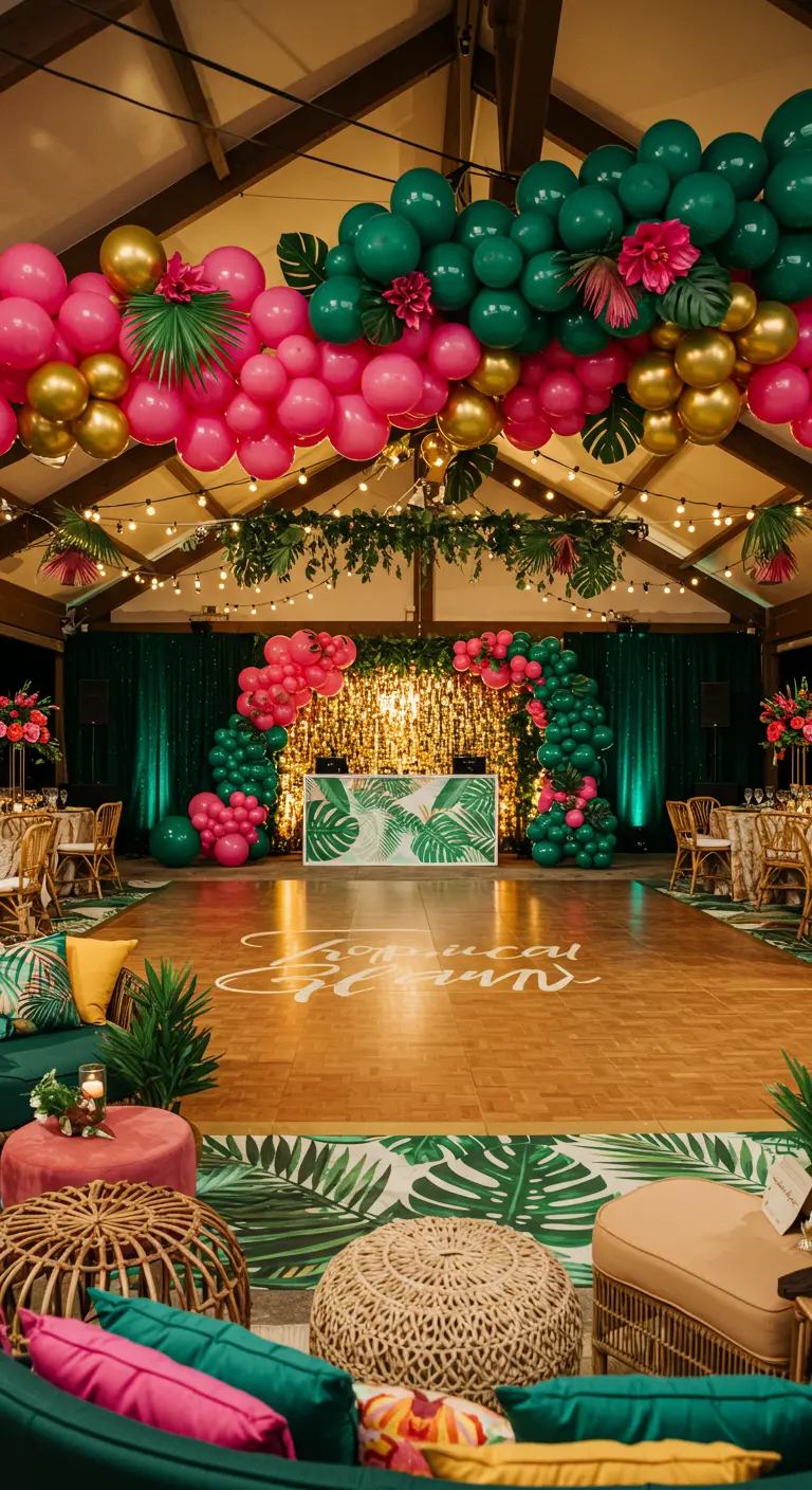 Décor tropical avec ballons verts/roses/or, rideaux pailletés et mobiliers en rotin.