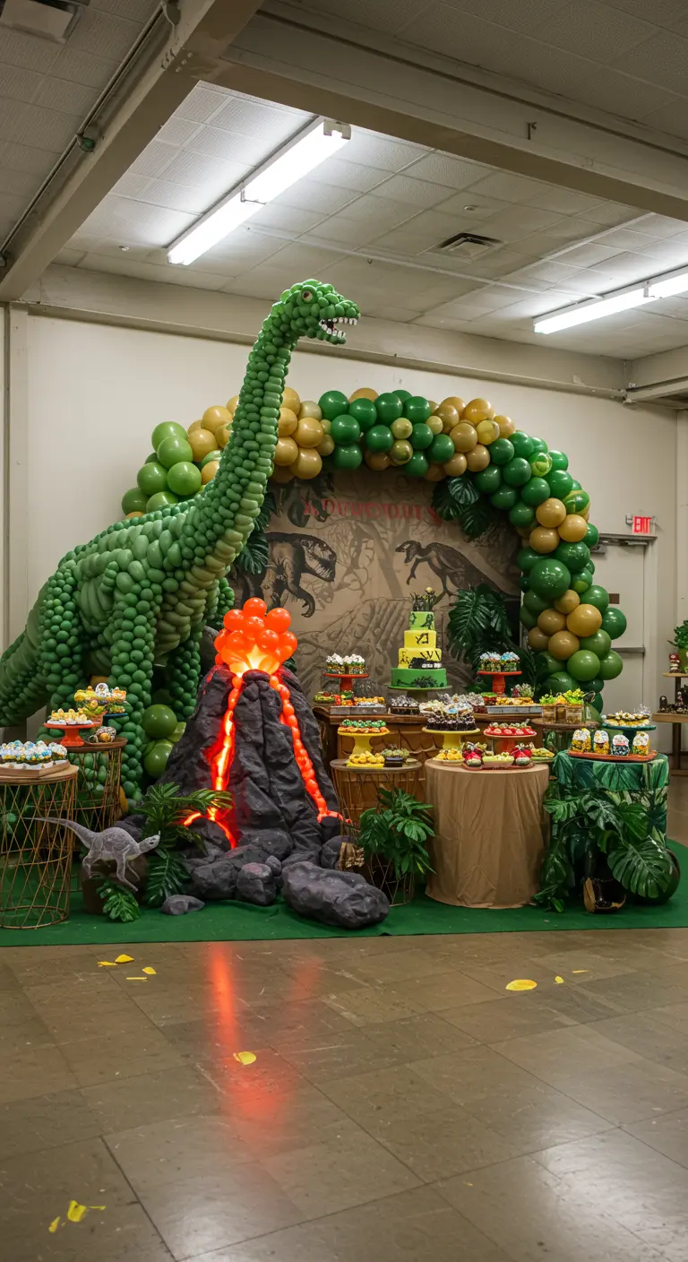 Un grand dinosaure vert en ballons à côté d'un volcan lumineux pour une fête à thème.