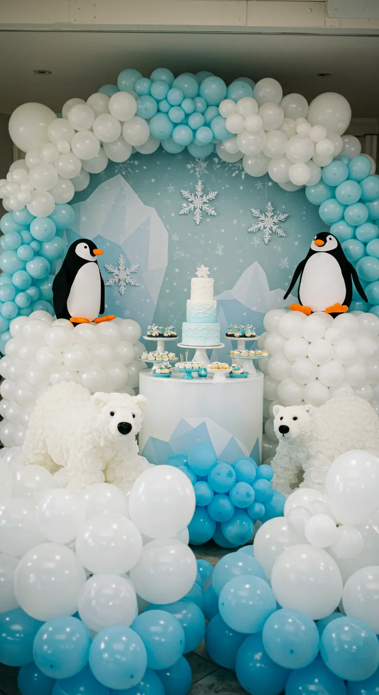 Décor polaire avec une arche de ballons bleus et blancs, des ours et des pingouins.