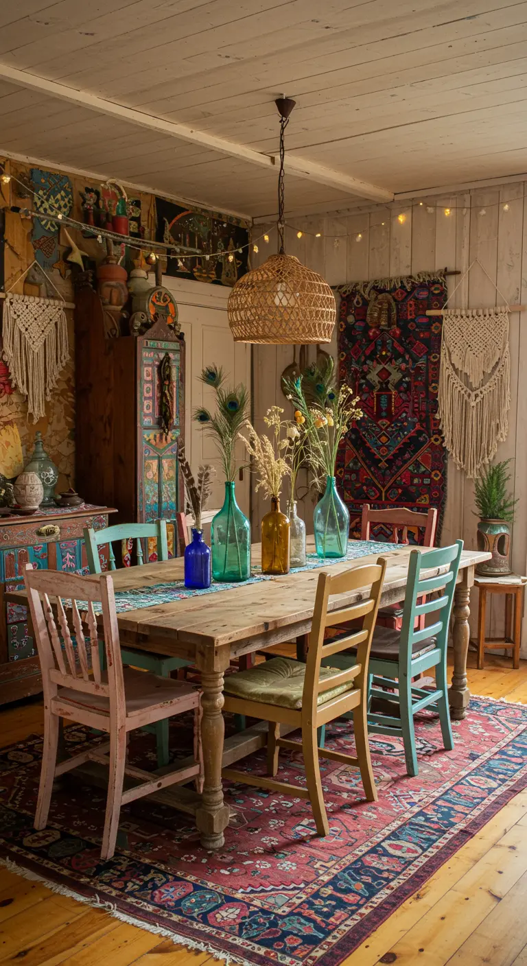 Table de salle à manger bohème avec chaises colorées, vases dépareillés et plumes de paon