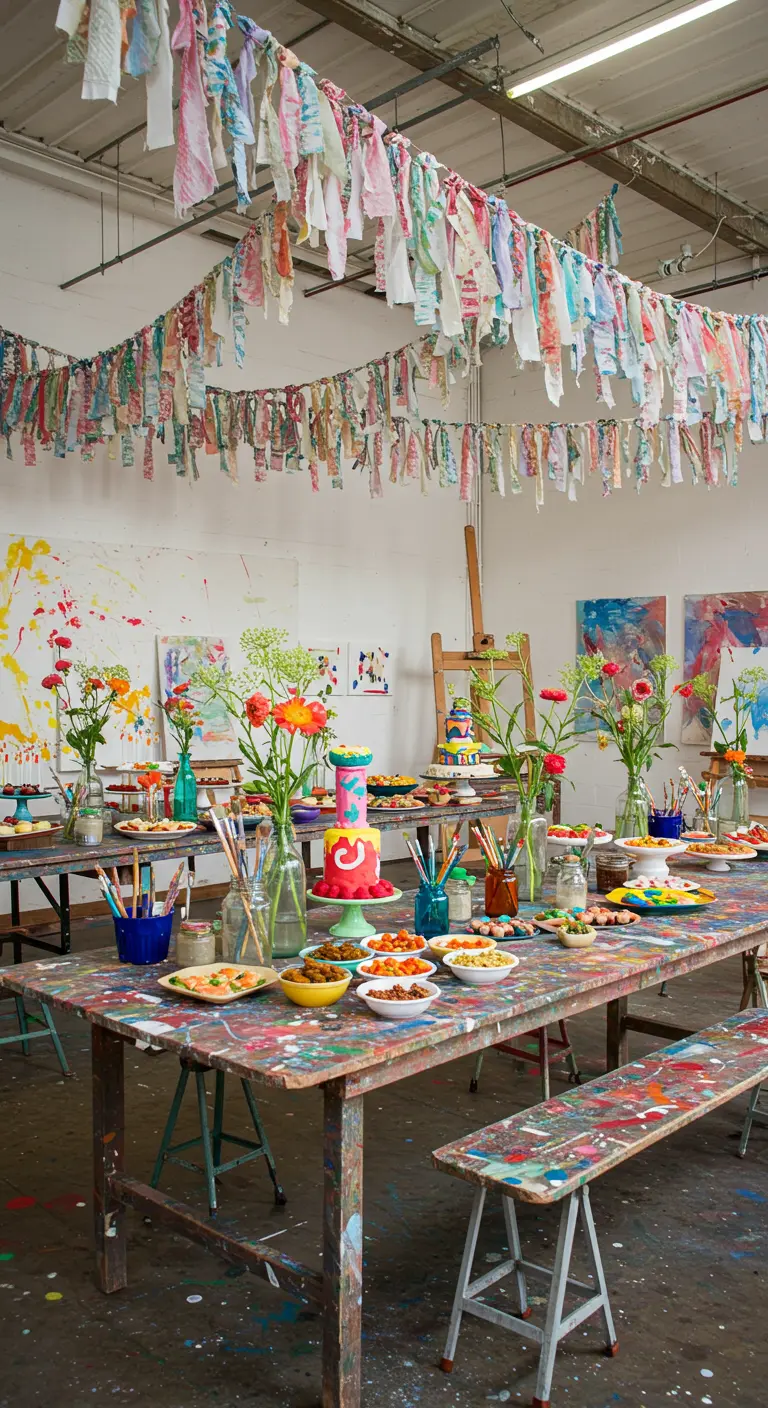 Fête d'anniversaire dans un atelier d'artiste avec tables colorées et guirlandes en tissu.