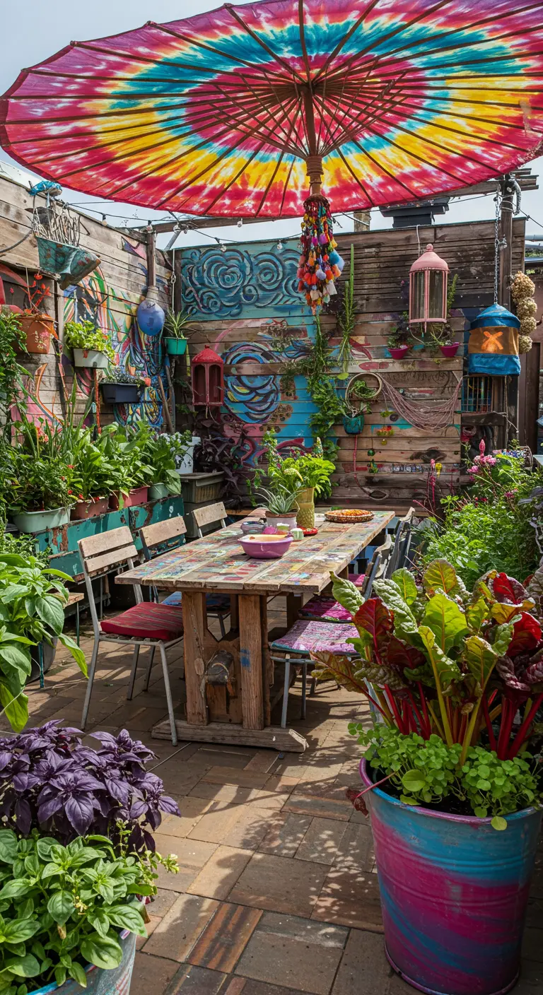 Terrasse artistique et colorée avec parasol tie-dye, murs peints et plantes variées.
