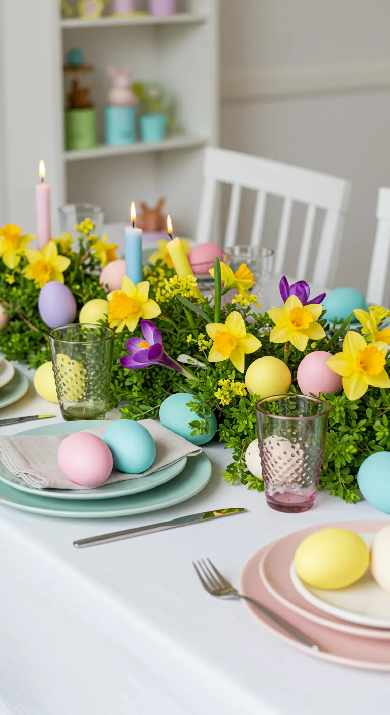 Table de Pâques éclatante avec des jonquilles, des œufs pastel et des bougies colorées.