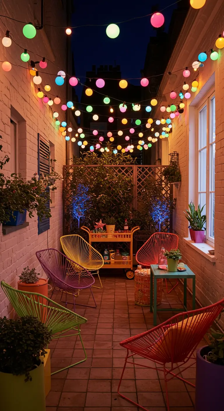 Cour intérieure animée par des guirlandes lumineuses multicolores et des chaises Acapulco colorées.