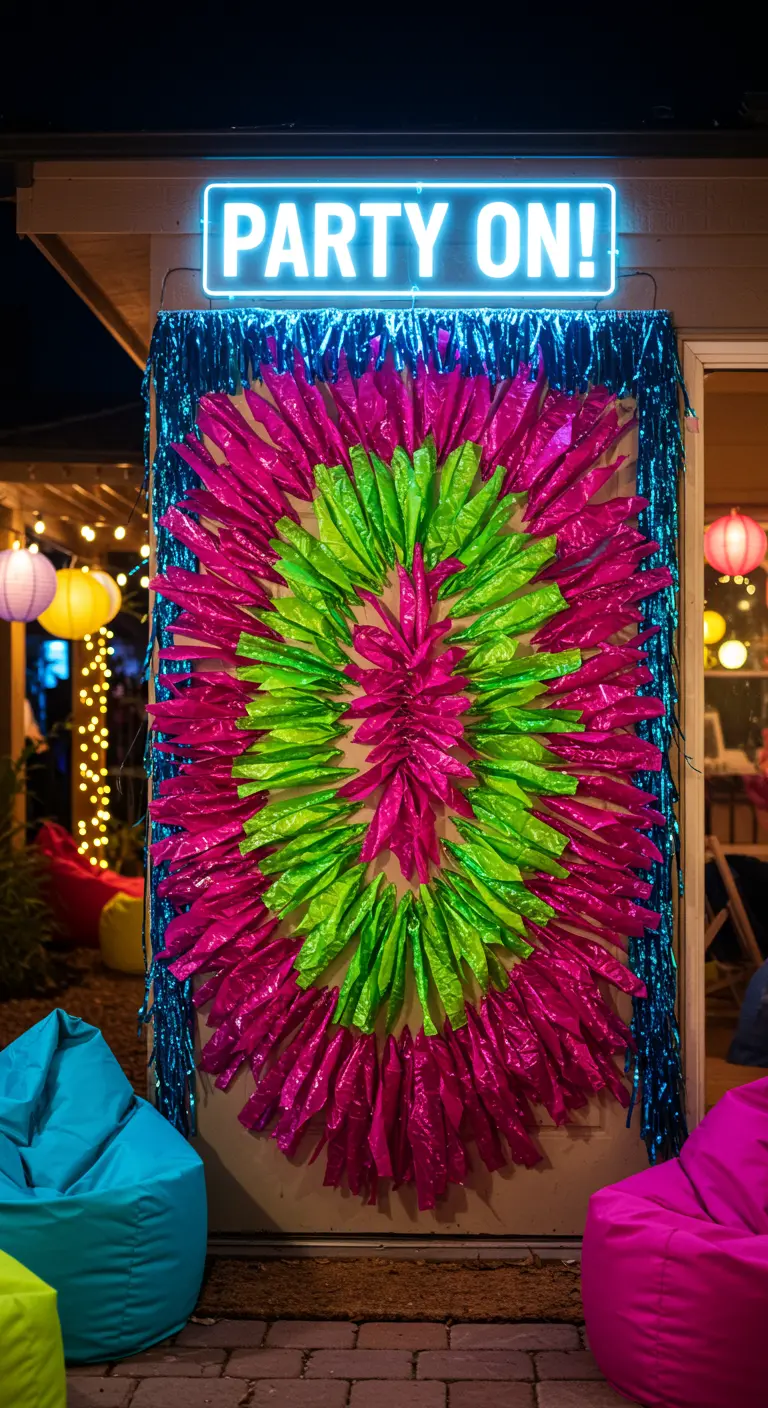 Porte couverte de disques de papier métallisé rose et vert, franges bleues et néon 