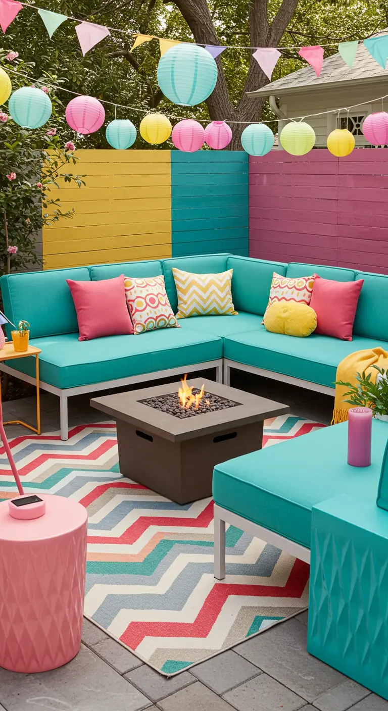 Canapé d'extérieur turquoise avec des coussins colorés, un tapis à chevrons et un mur peint de couleurs vives.