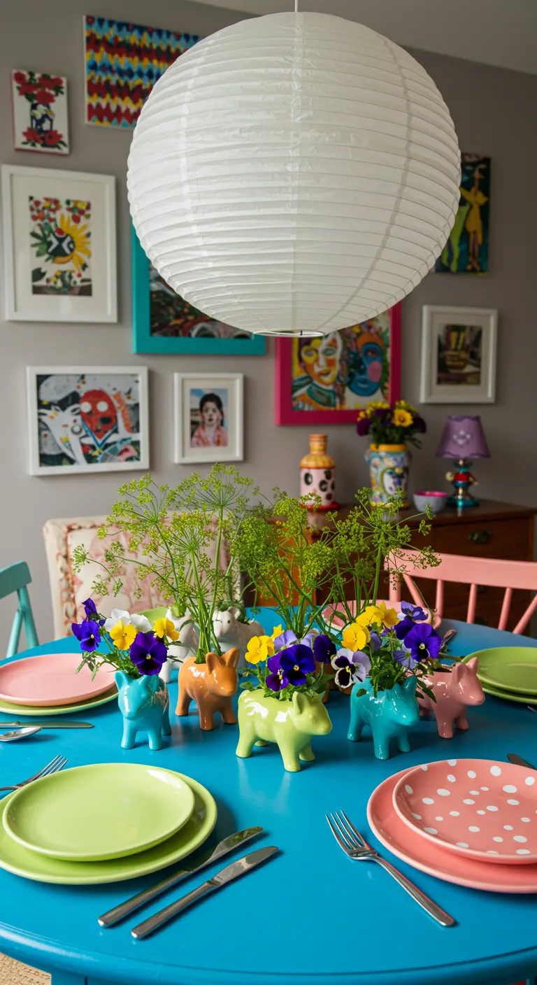 Table colorée avec des vases en forme d'animaux, remplis de pensées et d'aneth.