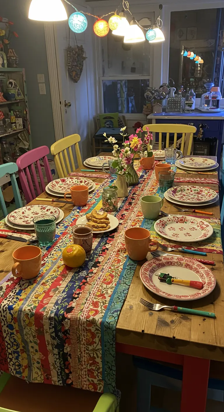 Table colorée et éclectique avec un chemin de table en patchwork et chaises dépareillées.
