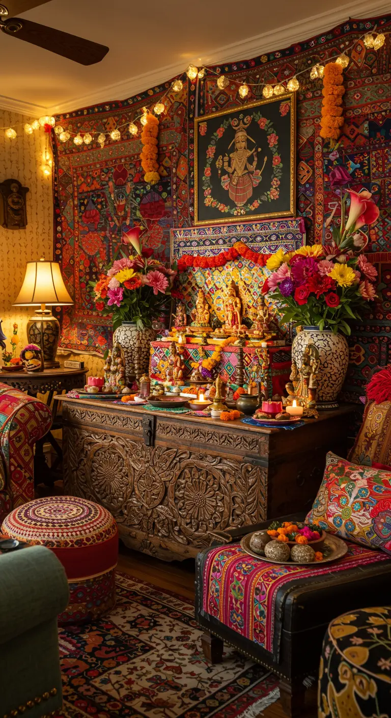Autel indien coloré avec statues, fleurs, bougies et tissu mural richement décoré.