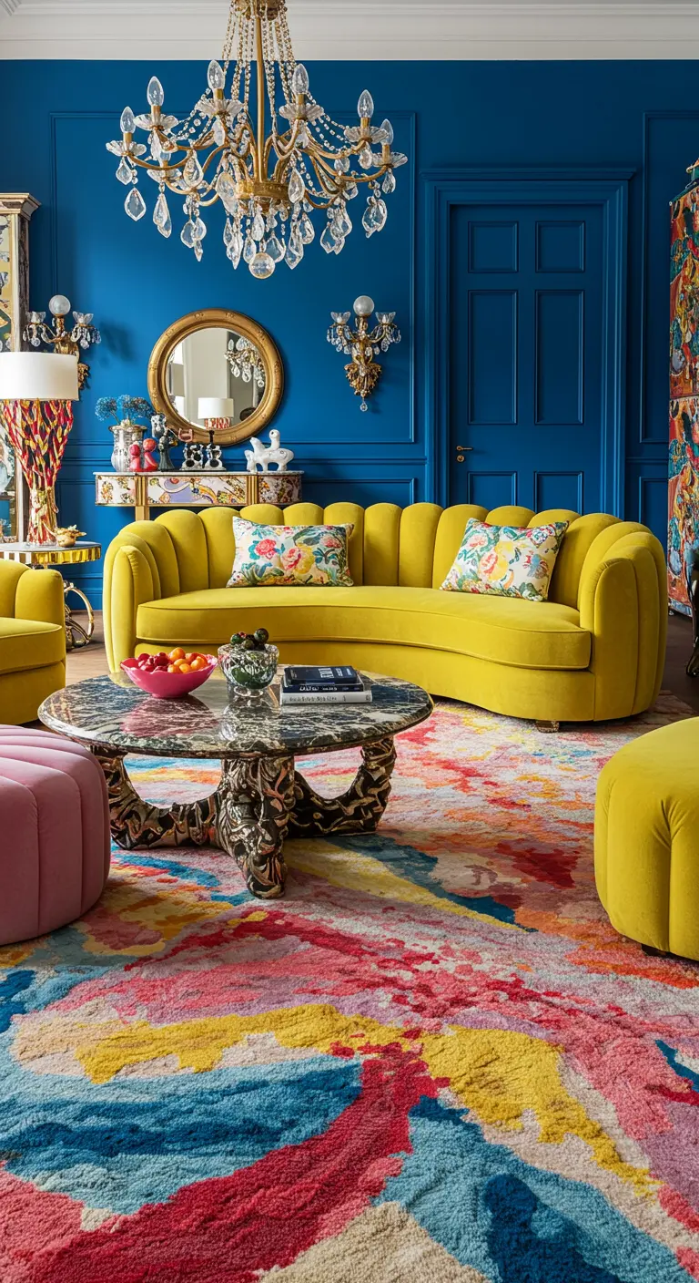 Canapé en velours jaune sur un tapis abstrait très coloré dans un salon maximaliste.