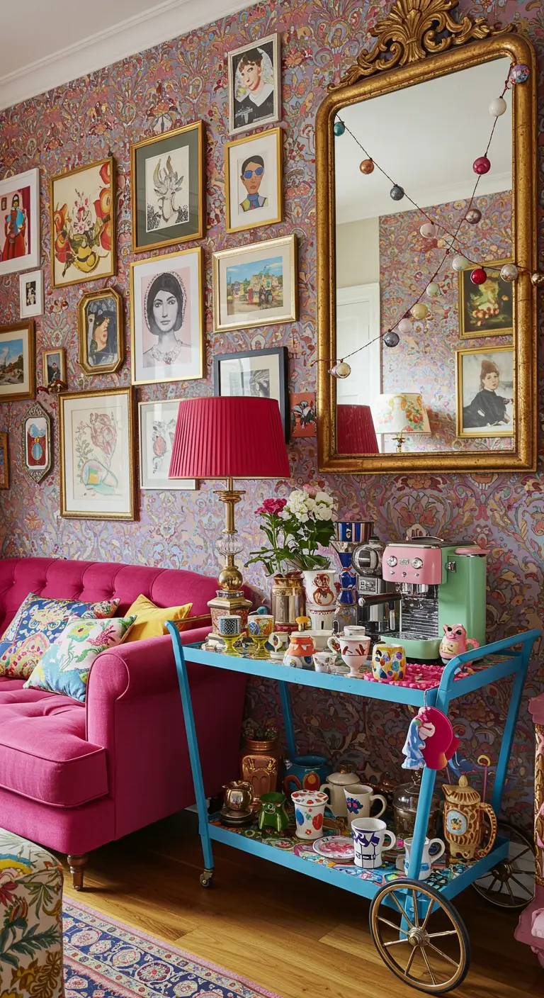 Chariot de bar turquoise avec tasses colorées et mur galerie éclectique et floral.