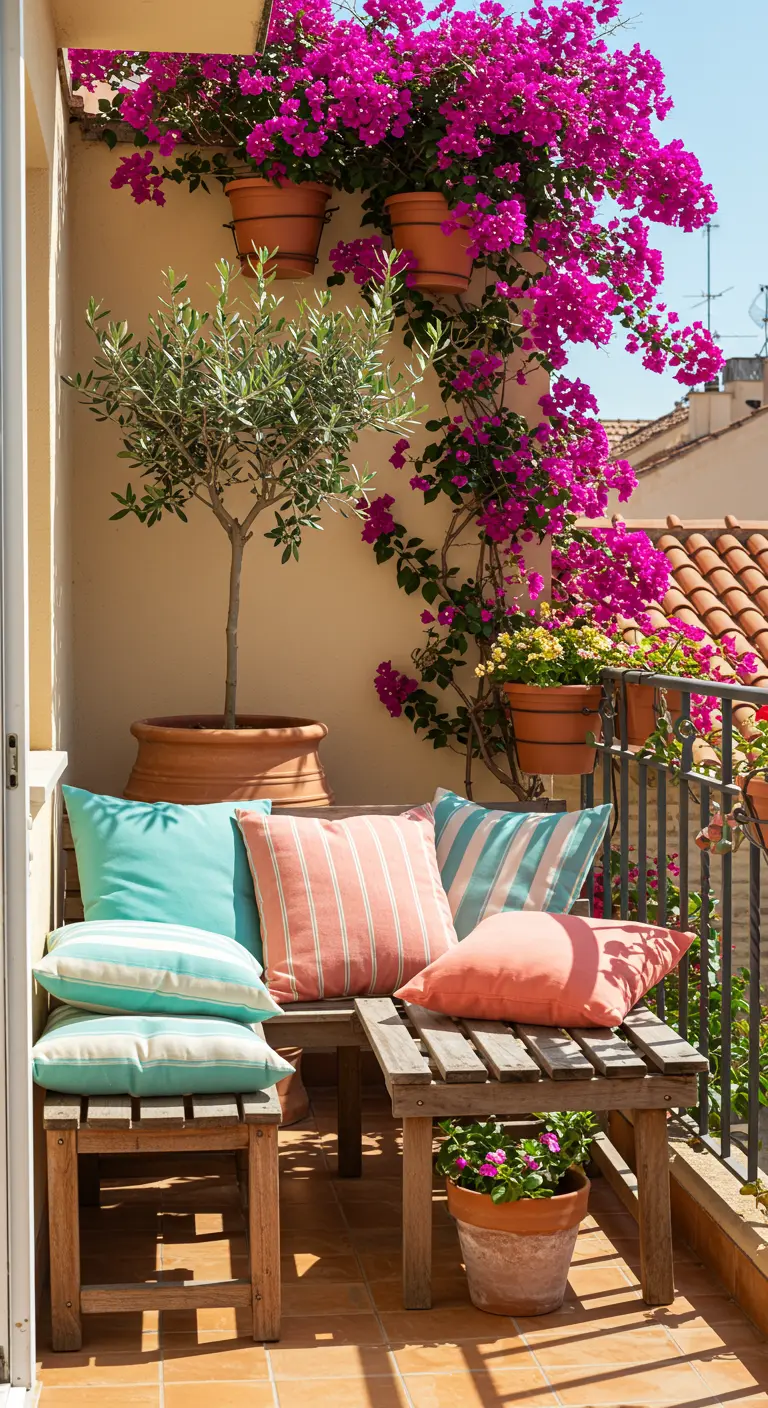 Balcon ensoleillé avec un bougainvillier fuchsia et des coussins colorés.