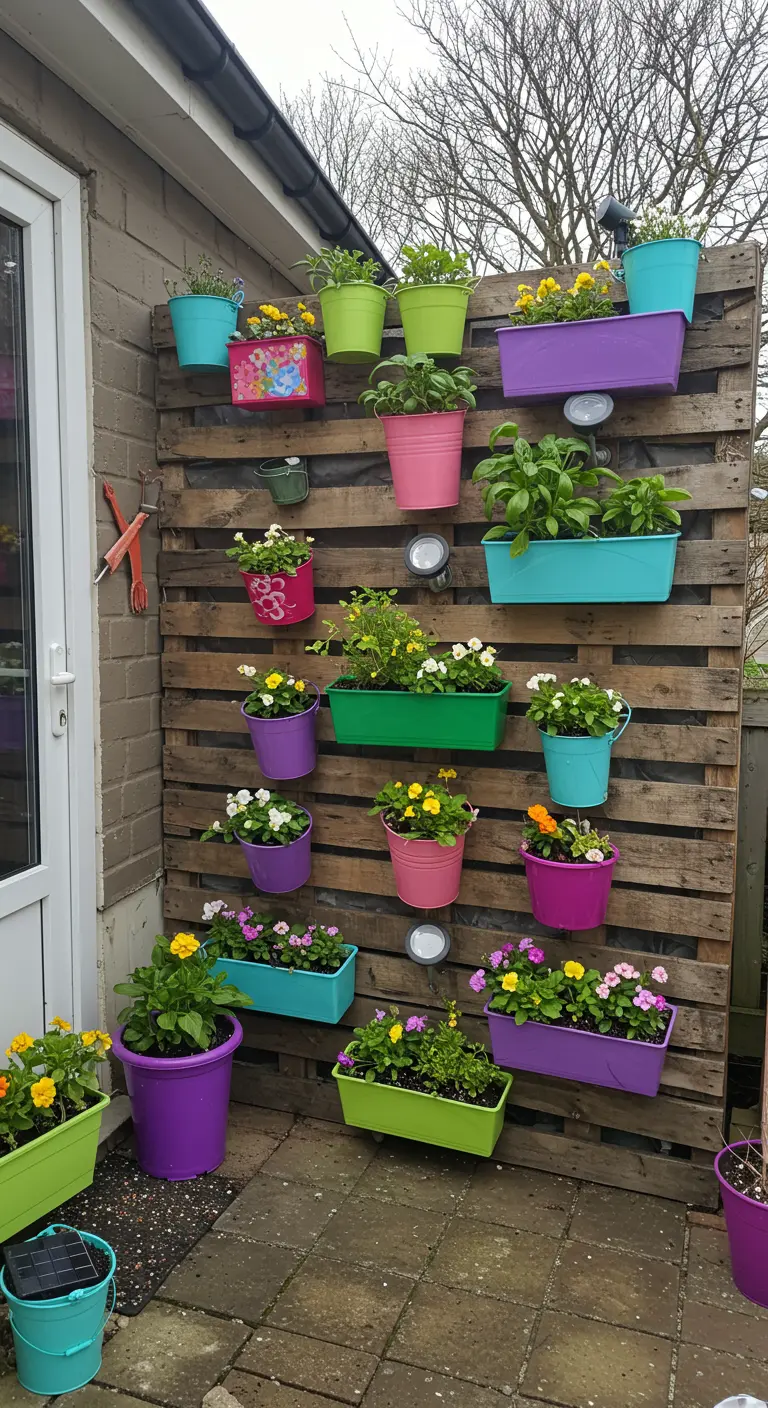 Mur végétal coloré en palette avec pots de fleurs et herbes de différentes couleurs.
