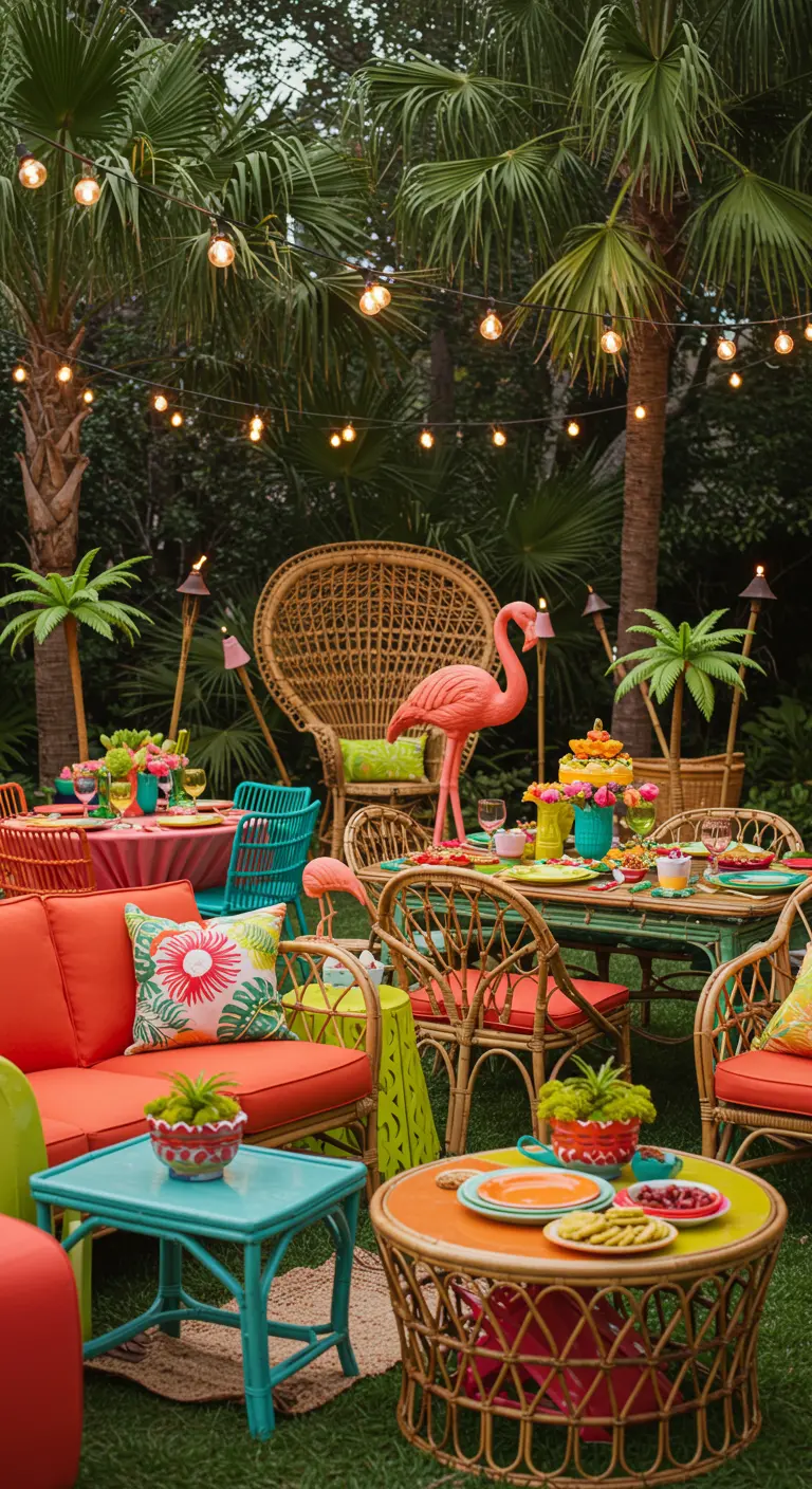 Fête extérieure colorée avec mobilier de jardin, coussins vifs, flamants roses décoratifs et torches tiki.