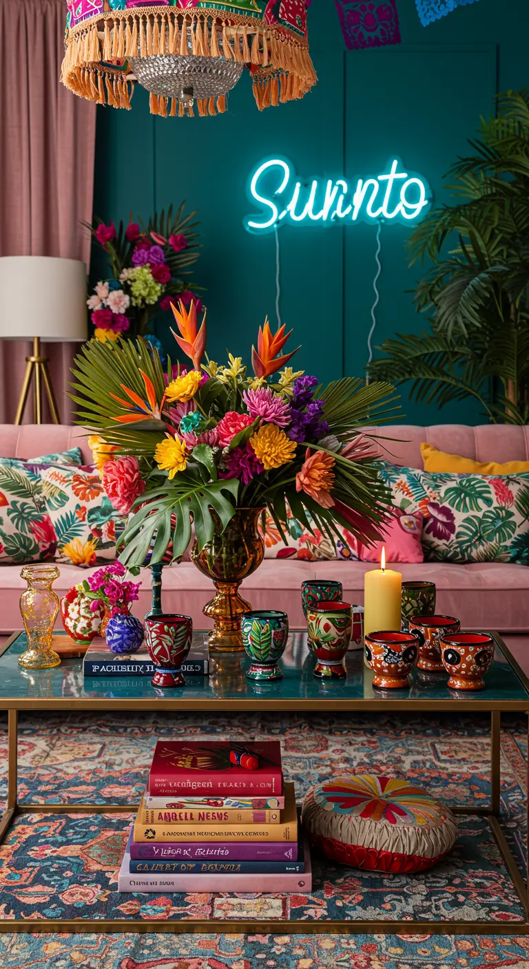 Salon coloré avec canapé rose, mur bleu, néon et un grand bouquet tropical