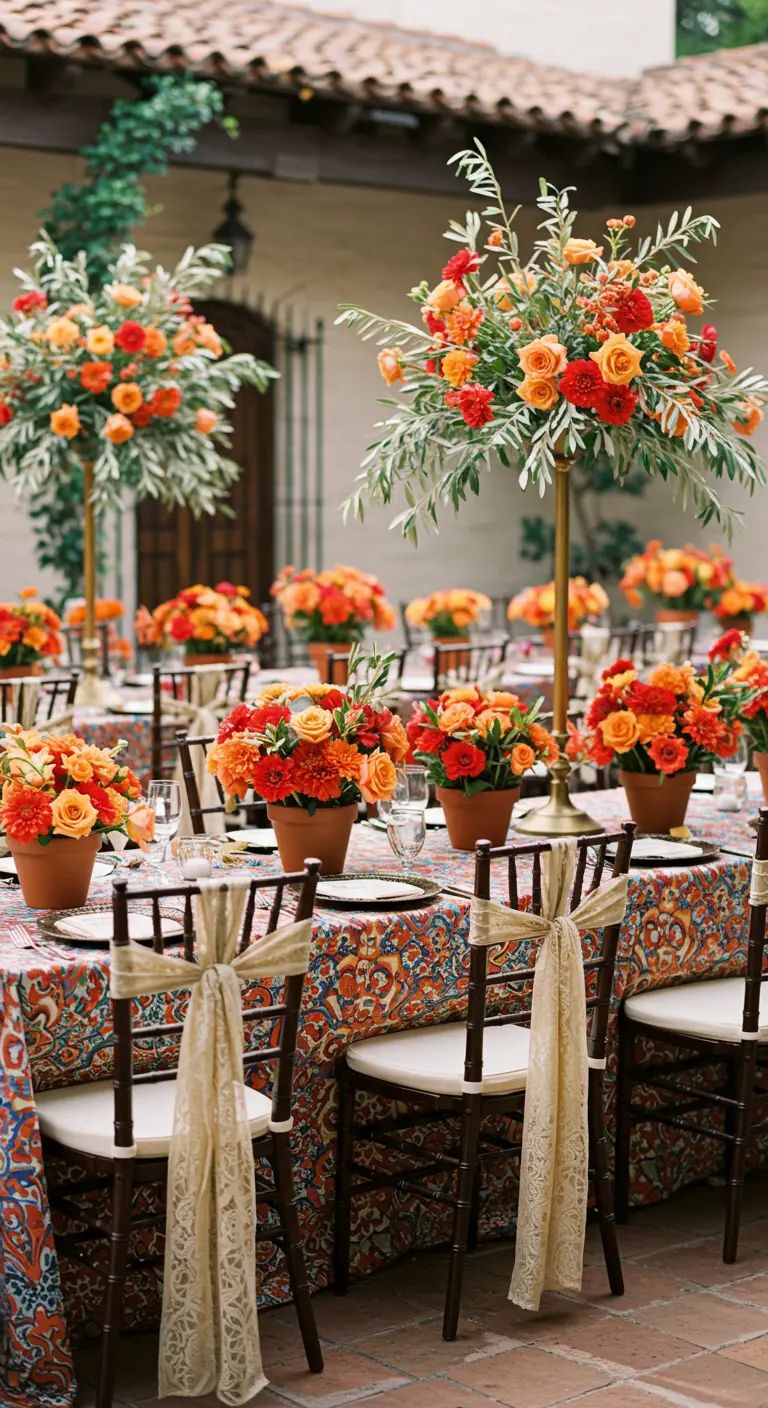 Table de fête très colorée avec des arrangements floraux hauts et des pots en terre cuite.