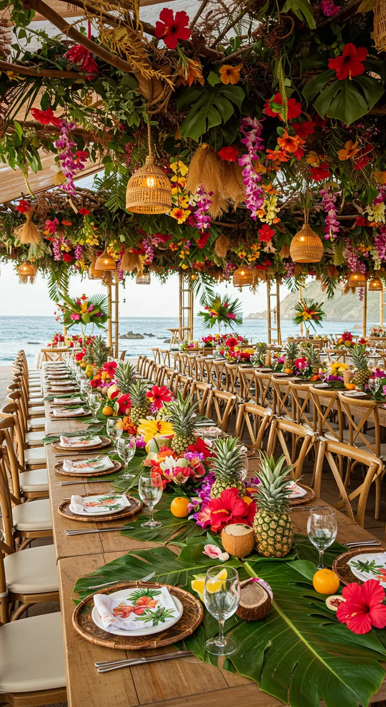 Table de banquet tropicale sous un plafond de fleurs et de feuillages colorés.