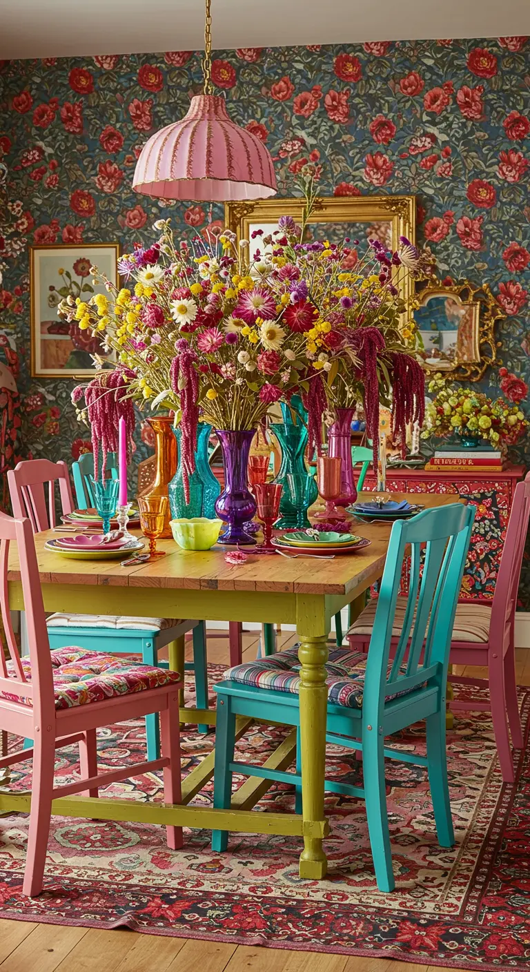 Bouquet de fleurs séchées très colorées dans des vases vifs sur une table à manger éclectique.