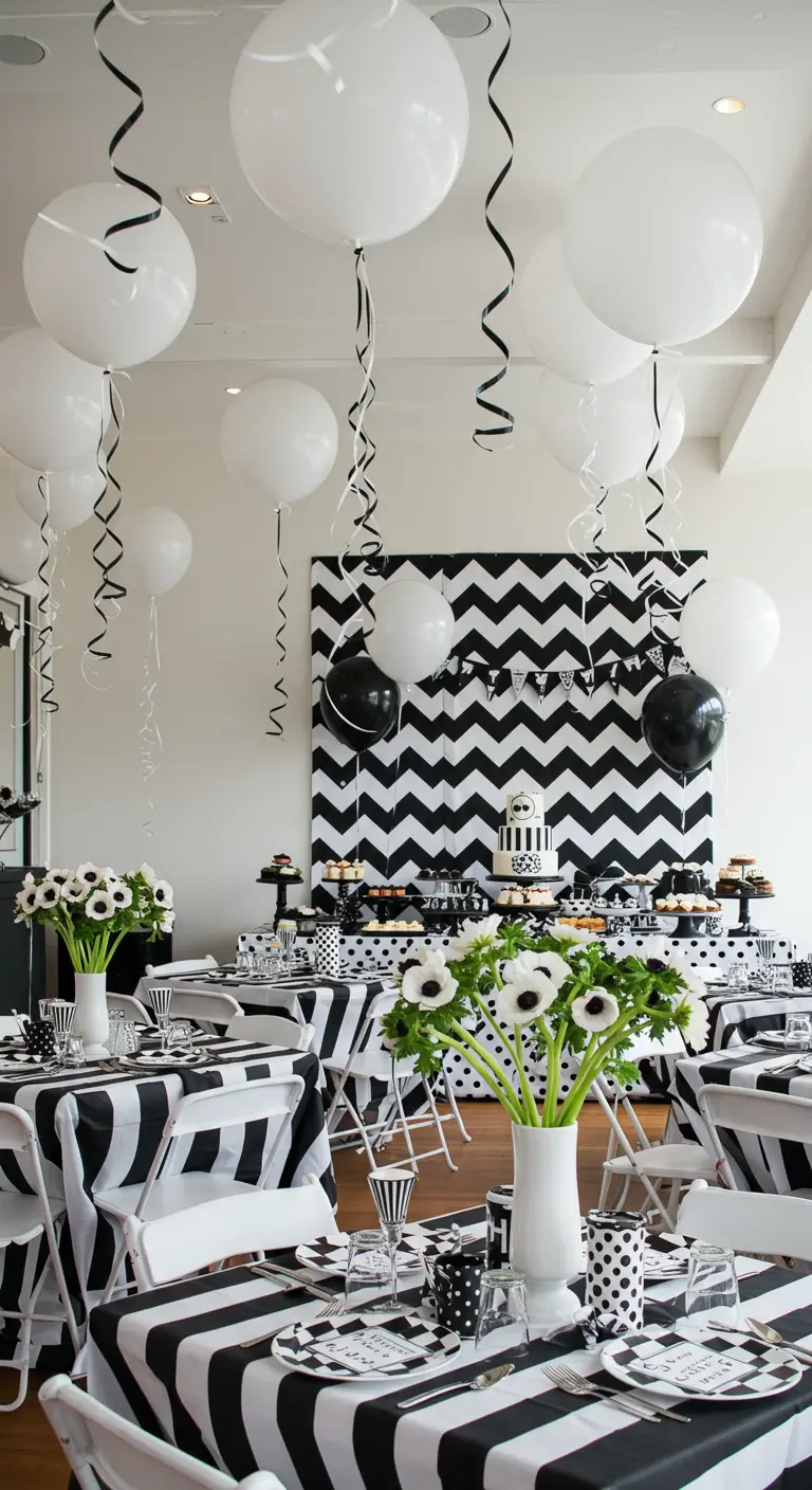 Décoration de fête dynamique avec des motifs graphiques noirs et blancs.