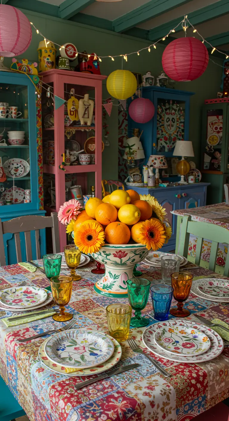 Table très colorée avec nappe patchwork, coupe de fruits et gerberas, et lampions suspendus.