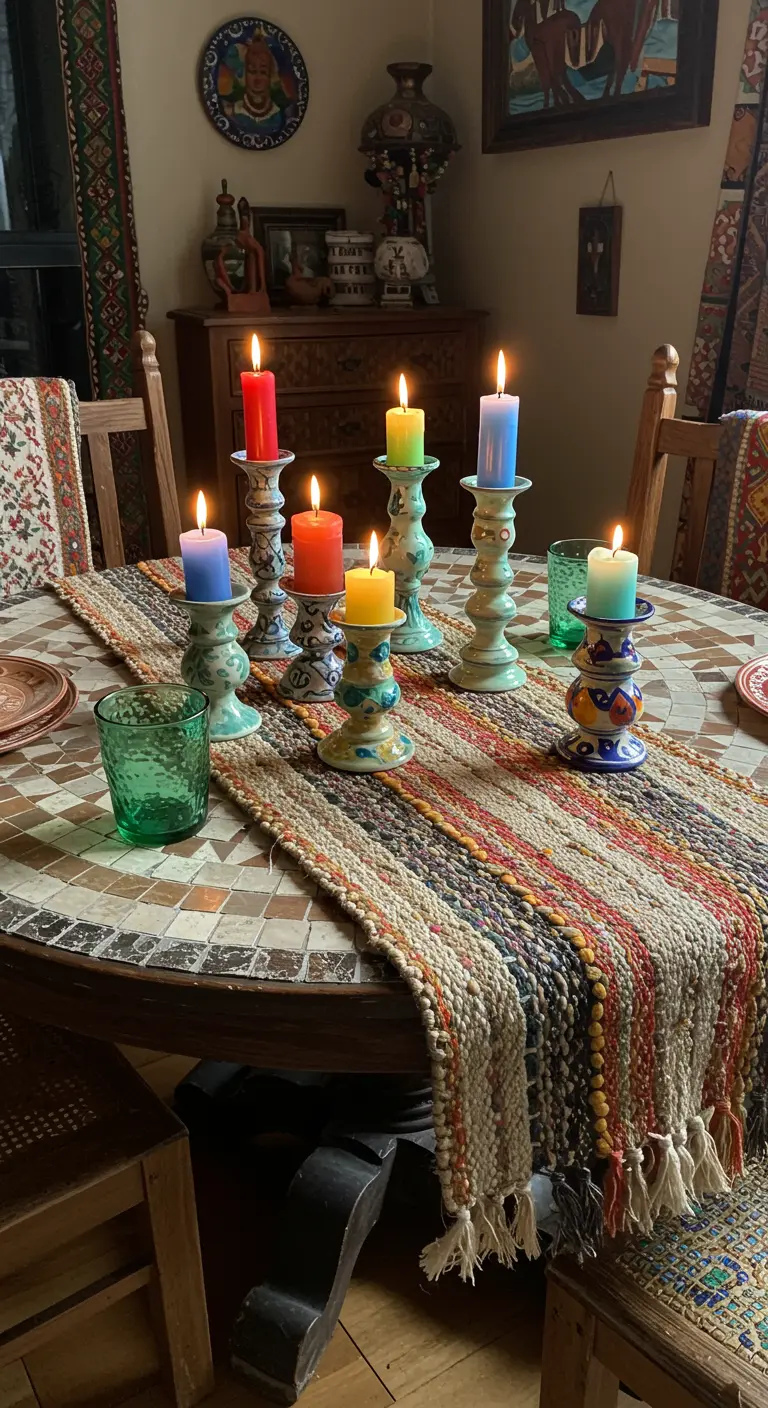 Chemin de table tissé coloré, bougeoirs peints et bougies multicolores sur table ronde