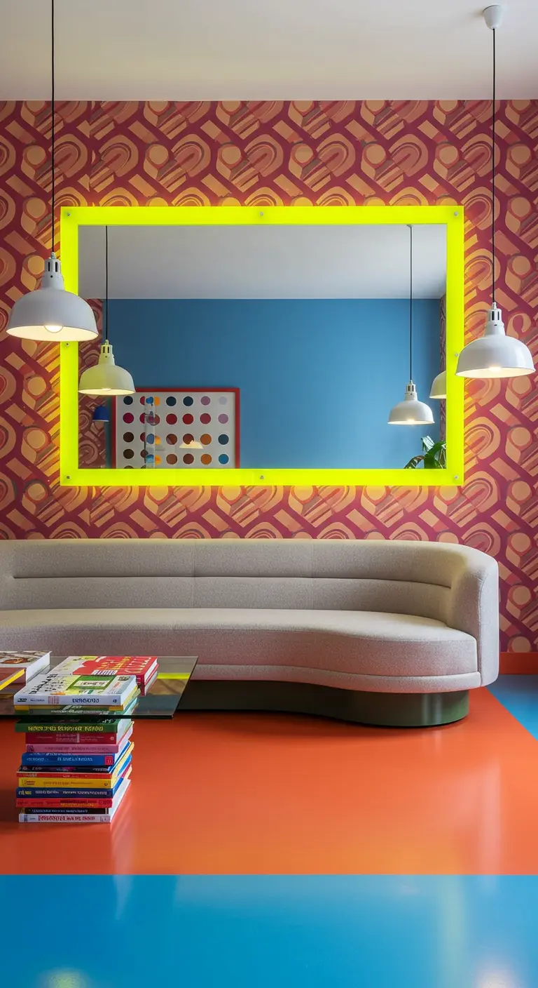 Grand miroir encadré de jaune fluo sur un mur rose à motifs, dans un salon pop art.