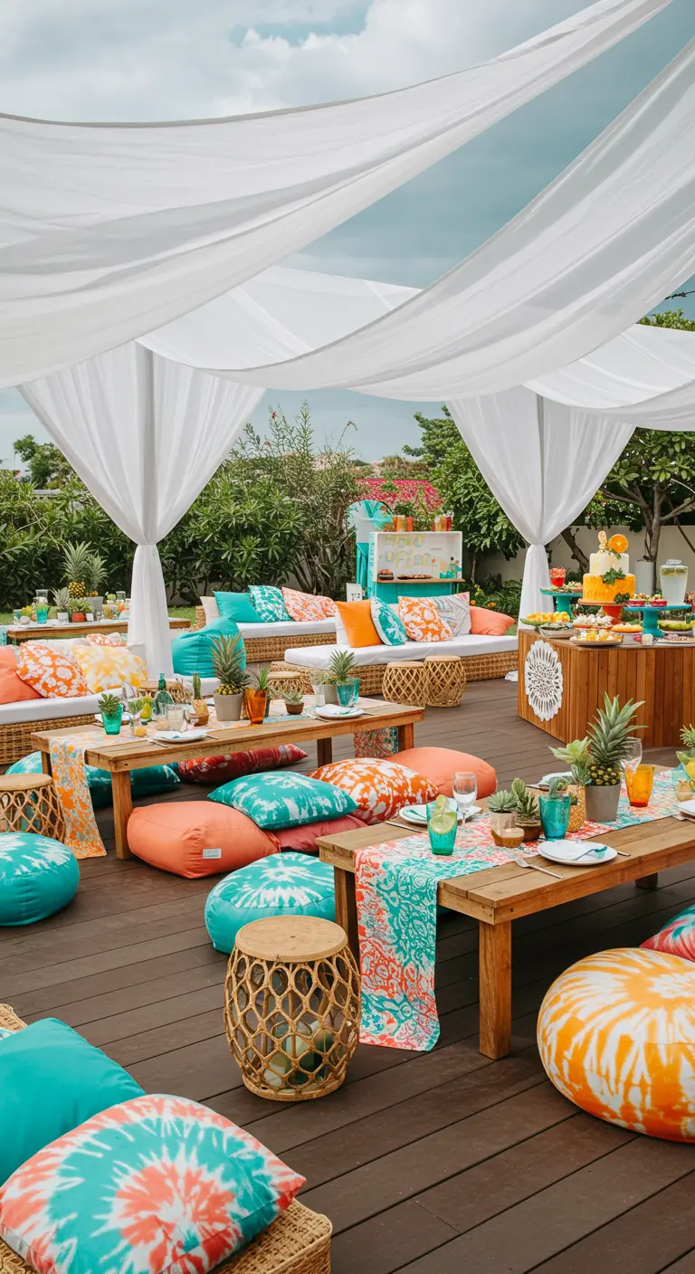 Terrasse colorée avec coussins tie-dye, voilages blancs, ananas décoratifs et tables basses en bois.