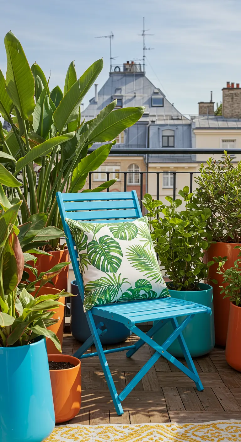Chaise pliante bleu vif avec un coussin à motif de feuilles tropicales.