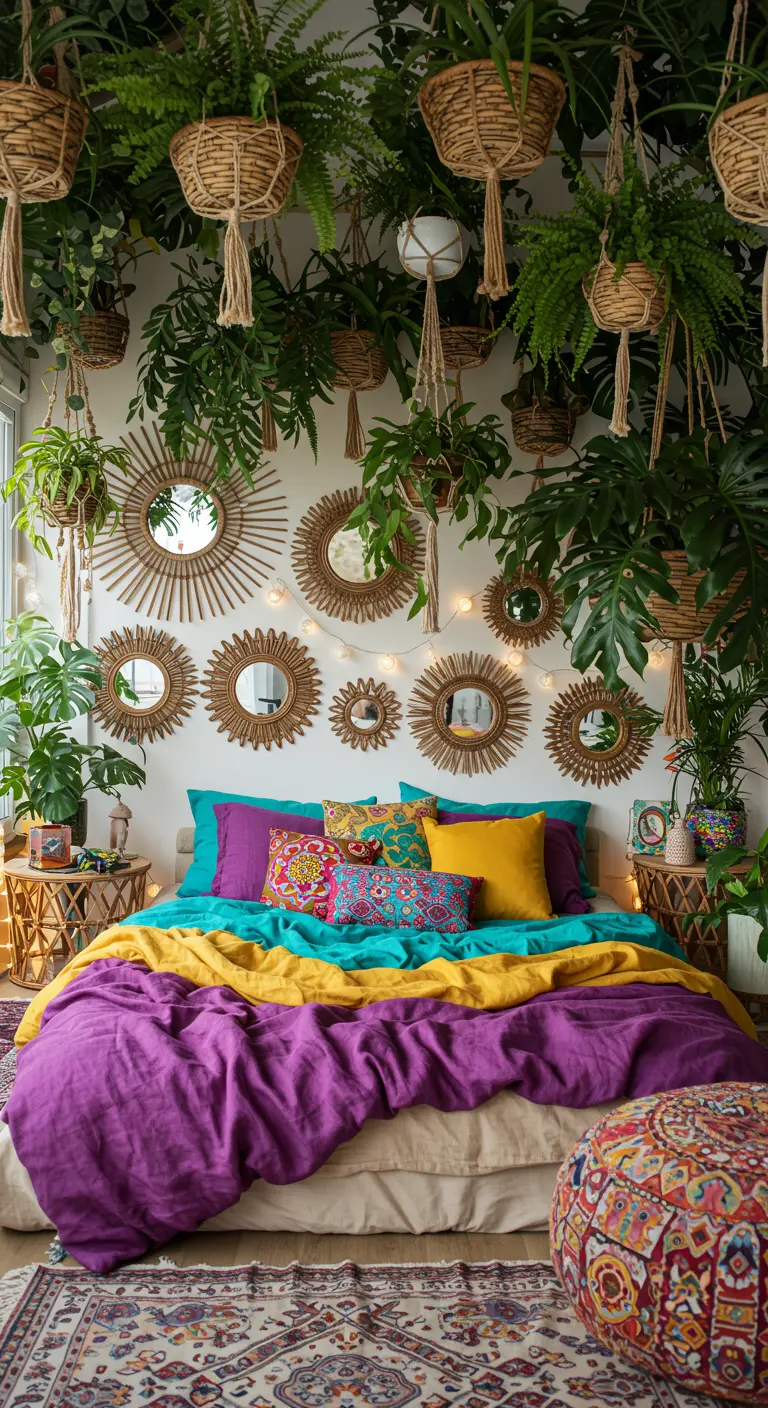 Chambre bohème maximaliste avec plantes suspendues, miroirs solaires en rotin et literie colorée.