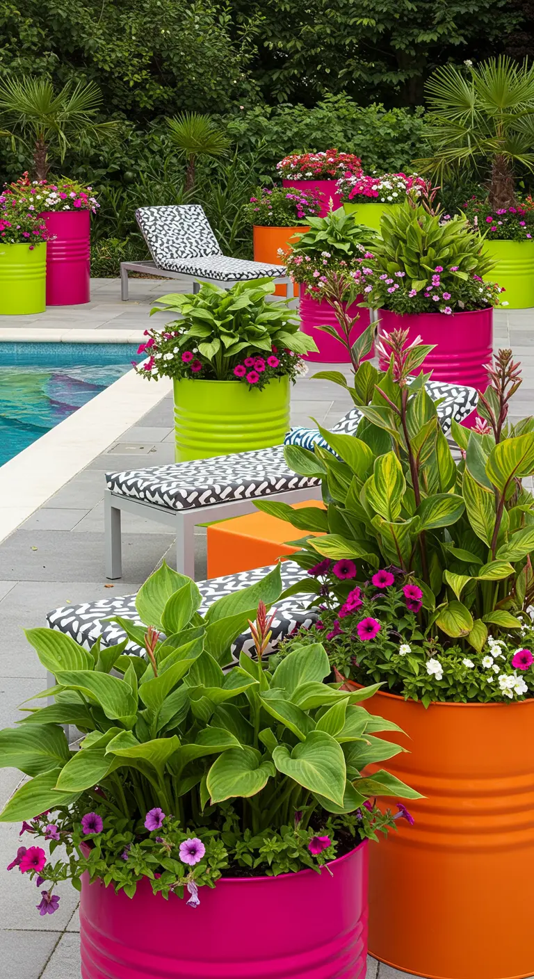 Terrasse de piscine avec des pots hauts rose fuchsia, vert citron et orange, remplis de plantes tropicales et de fleurs.