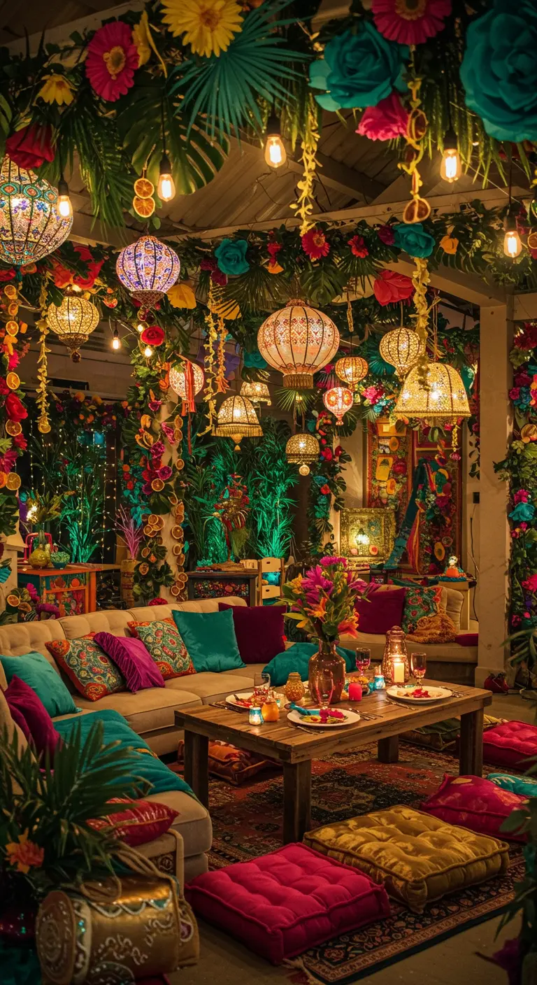 Salon coloré et bohème avec des guirlandes végétales et florales luxuriantes, des lanternes et coussins vifs.