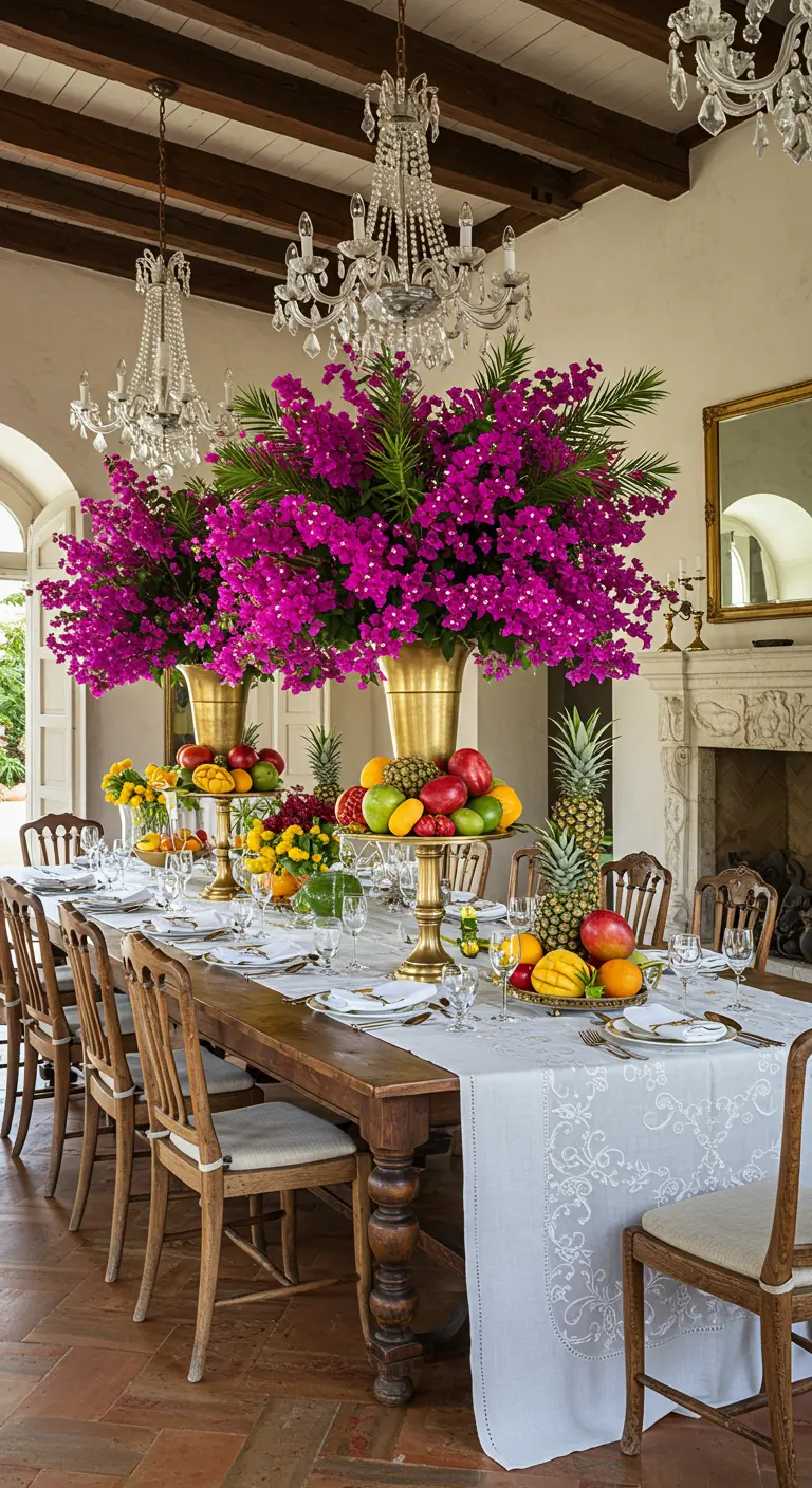 Longue table de banquet avec des centres de table floraux fuchsia et des coupes de fruits exotiques dorées.