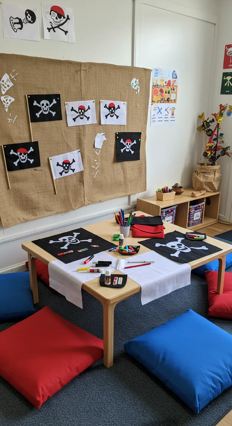 Coin bricolage pour enfants avec du matériel pour créer des drapeaux pirates