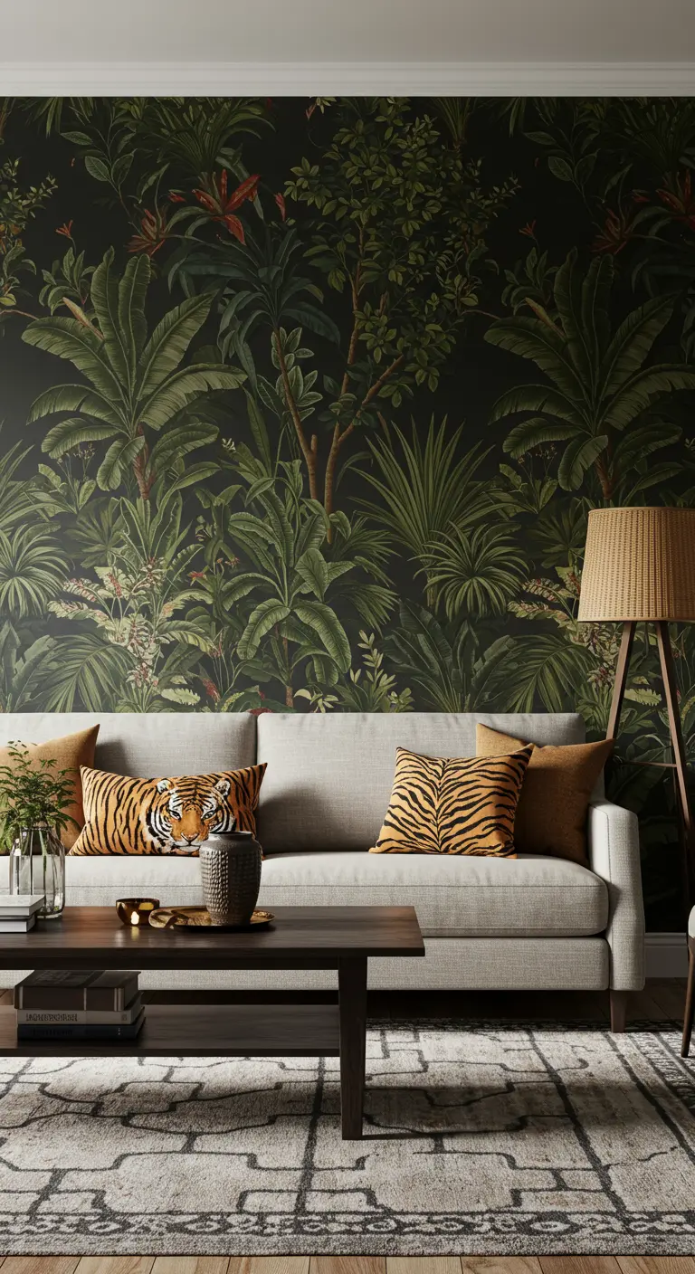 Salon avec un grand mur de papier peint jungle, canapé gris et coussins à motif tigre.